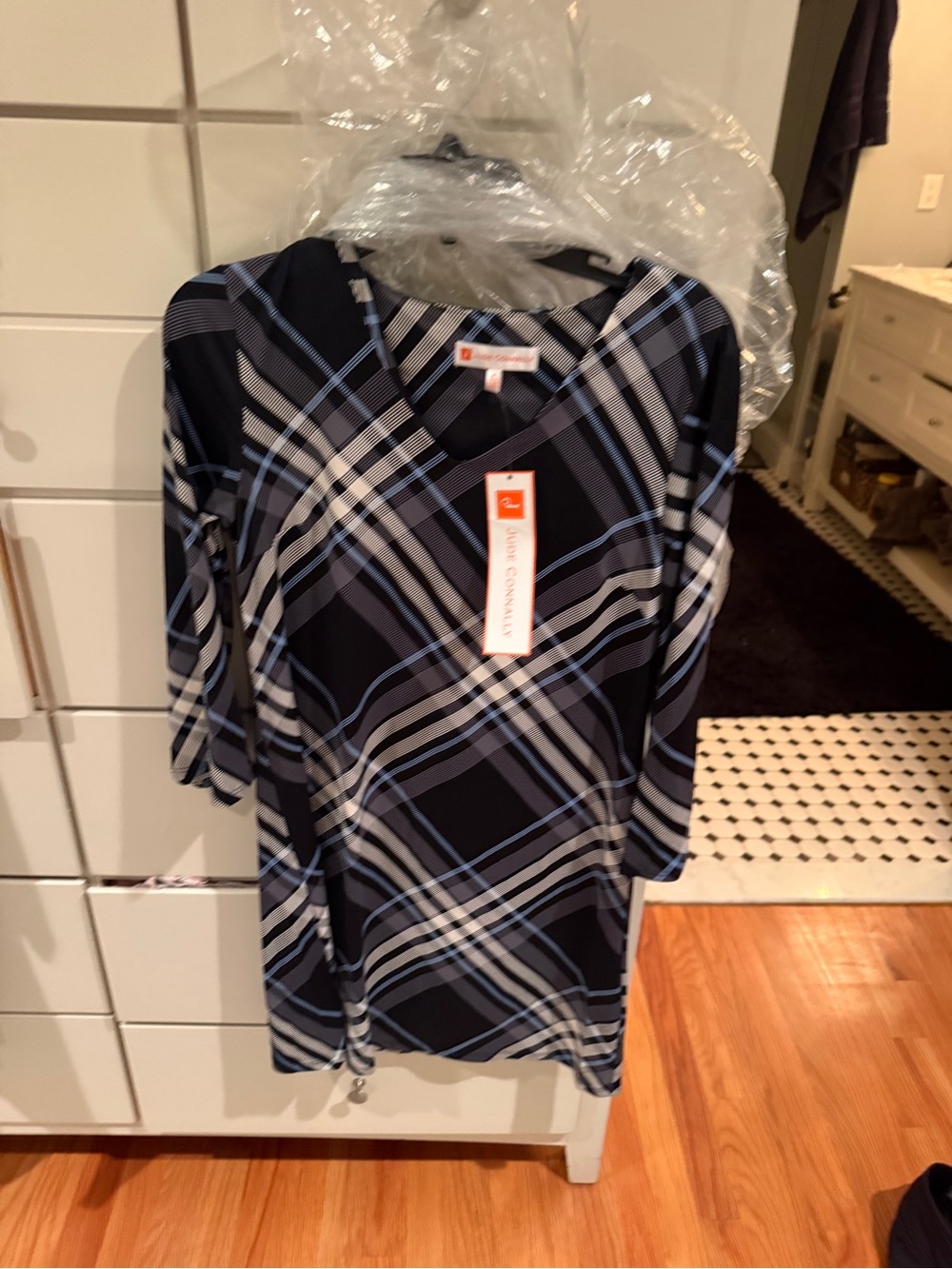 Jude Connally Navy, Light Blue & White Plaid V-Neck Long Sleeve Dress